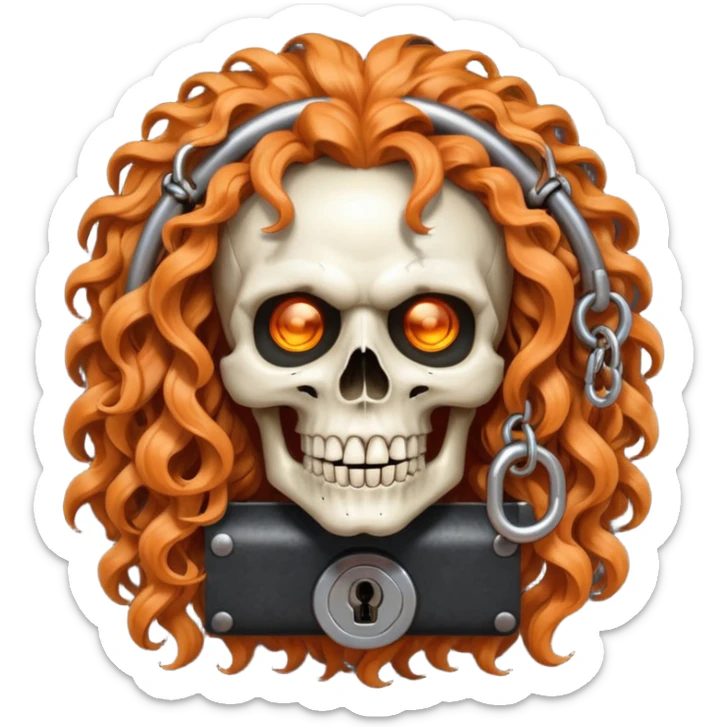 cinematic realistic steampunk Megadeth iconic skull mascot with a padlock in his teeth, orange curly huge hair sticker