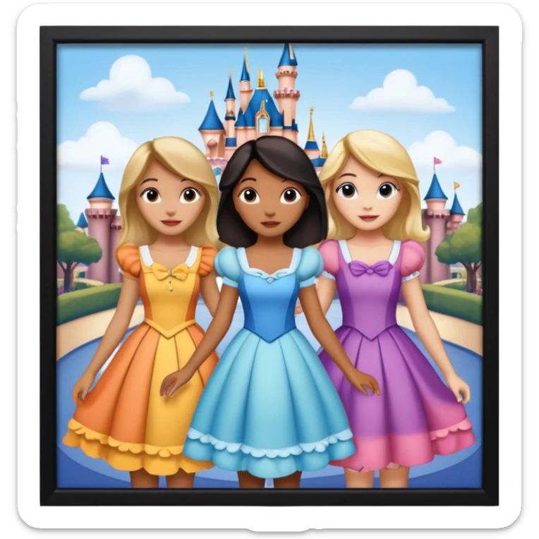 escribe el nombre Disneyland Paris y para titulo, pon a quatro chicas: una pelo corto negro, una pelo rizado largo, una pelo largo liso y la otra pelo ondulado mediano, esta con el ojos azules. Haz un cuadrado rectangular grande en grande blanco y por los lados pon a las chicas que te he descrito sticker