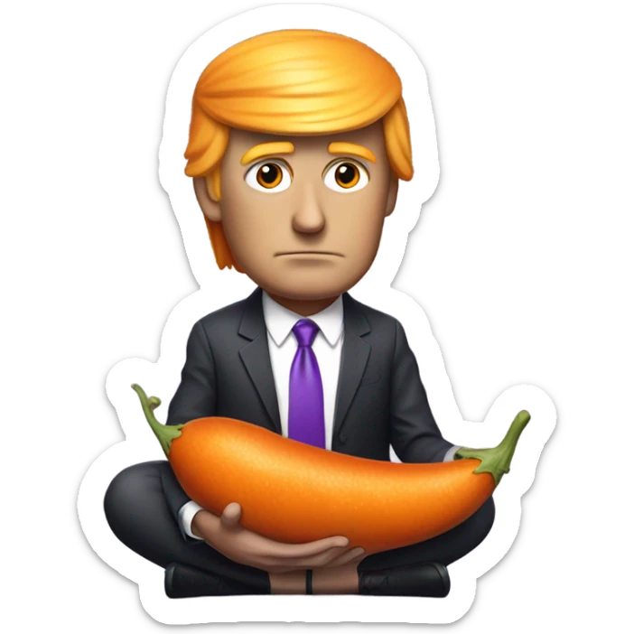 Realistic Donald trump with bright orange hair eating long, skinny purple ￼eggplant sticker