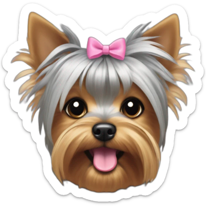 yorkshire terrier with grey hair with the tongue and two little pink hair-bow on the head sticker