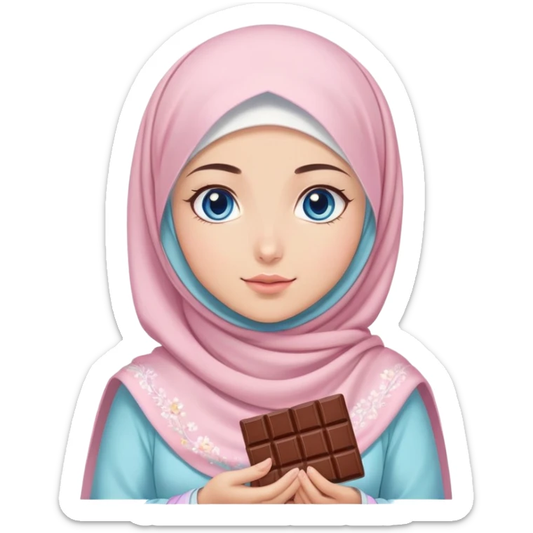 Turkish beautiful finish Konya girl blue eyes with pastel sakura hijab islamic dress and had on her hand Dubai chocolate  sticker