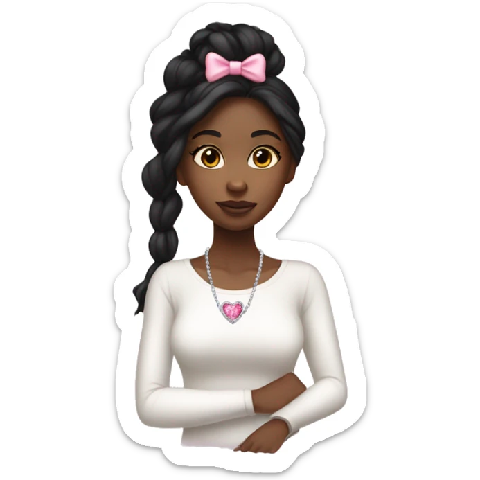 Black girl with long straight black hair and a white long sleeved top, pink bow in hair, white  crystal heart necklace  sticker
