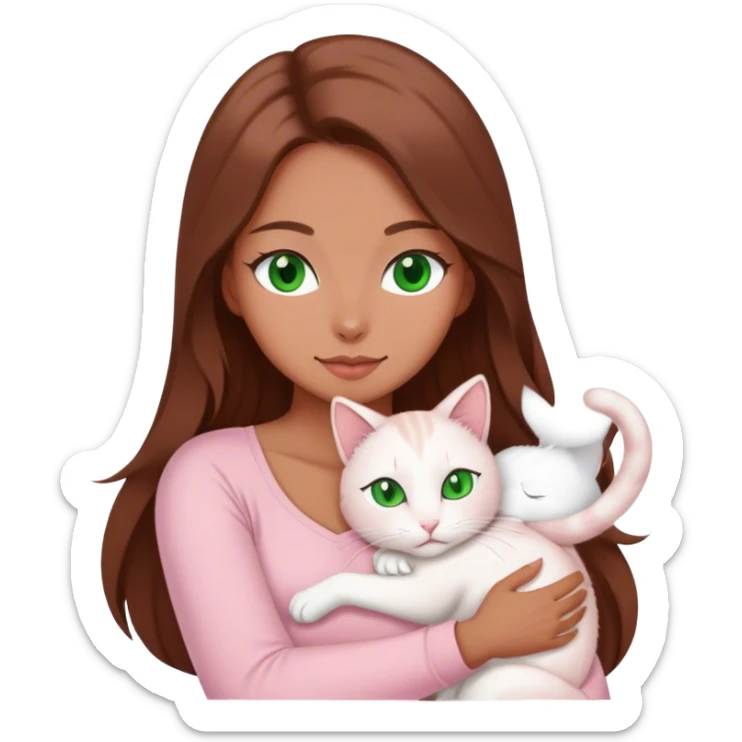 woman with very long brown hair and green eyes in a light pink outfit hugging a white cat sticker