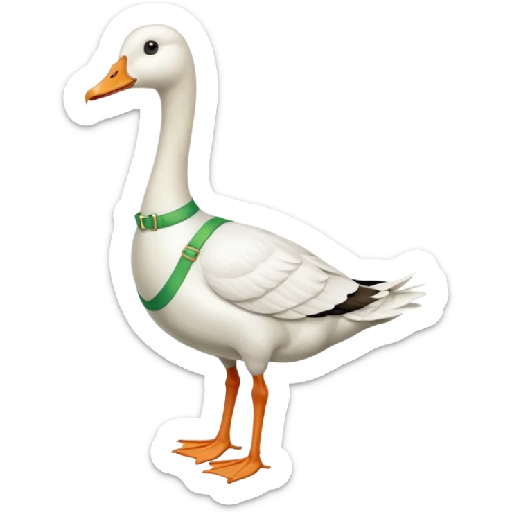 "Emoji of a white running goose with a very long neck and two legs. The goose wears bright green suspenders." sticker