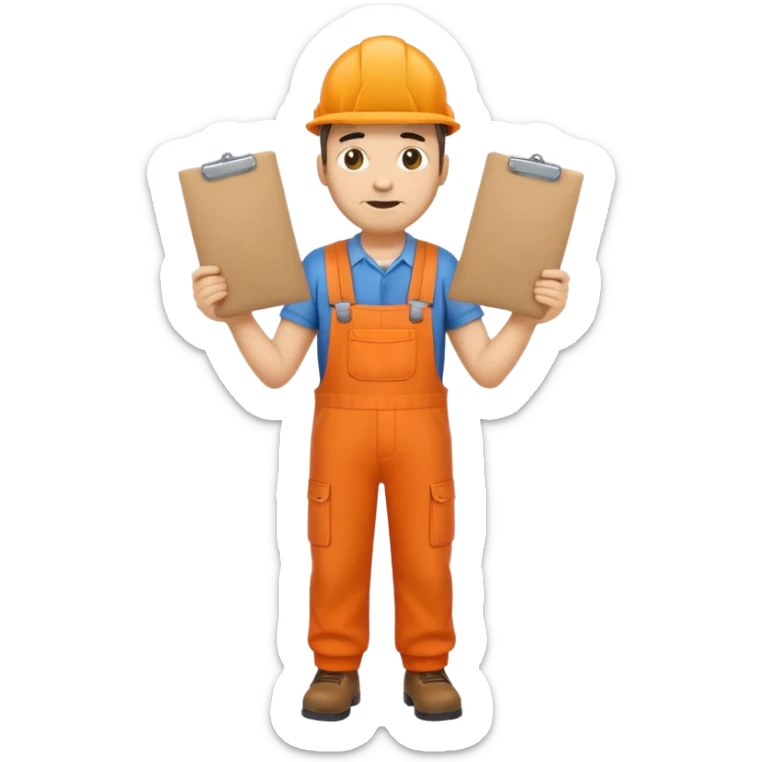 emoji style railway engineer full body in orange overalls, carrying one piece of paper with both hands in front of him sticker