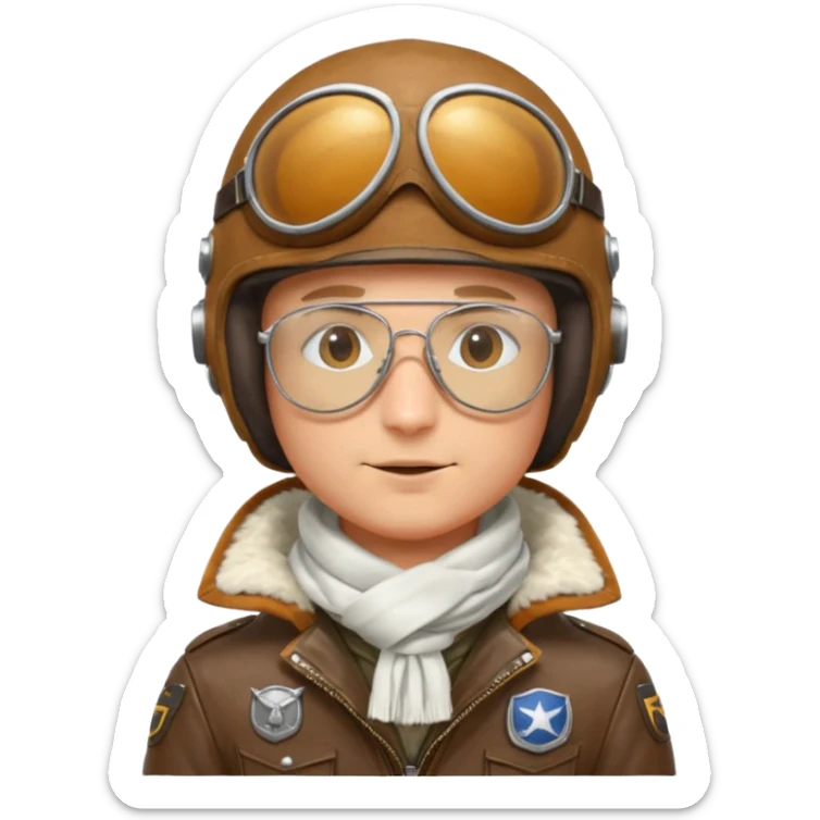renard aviateur, casque en cuir, écharpe blanche, lunettes "climax" sur le casque au dessus des yeux, blouson aviateur, pas de double lunettes sticker