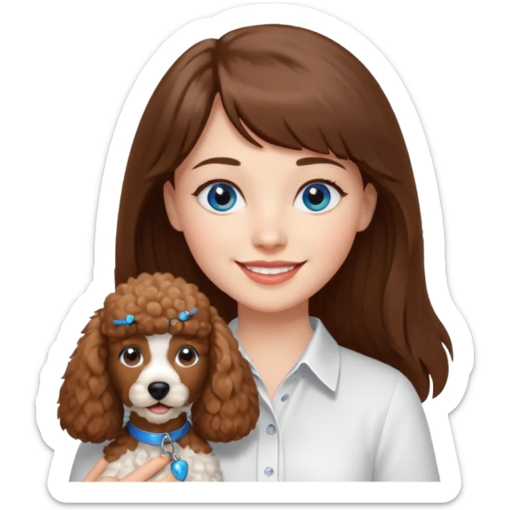 Kobieta z długimi brązowymi włosami, ma grzywkę i niebieskie oczy. Ubrana w białą koszulę. Trzyma na rękach brązowego pudelka. sticker