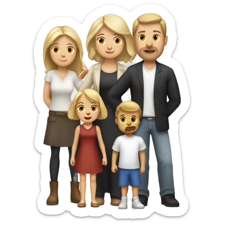 Une famille avec un homme blanc aux cheveux marron fonce une femme blanche au cheveux blonds un petit garçon blanc au cheveux blond et un beagle sticker