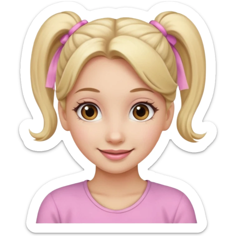 a cute woman is smiling, her hair is long, blonde and two ponytails, her eyes color are brown and the color of her lip is soft pink sticker