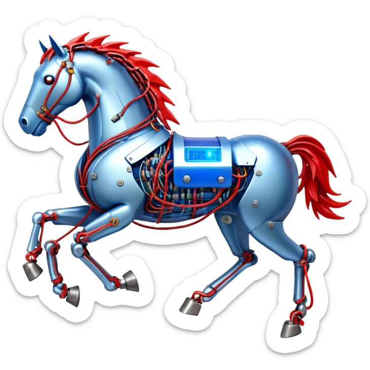 Fast running electric horse made of electricity, metal plates, bolts, blue and red wires, with lightning emanating from its body sticker