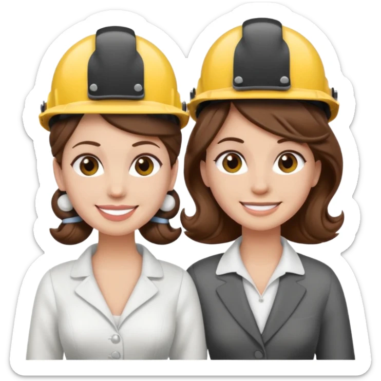 bride and groom couple, both with brown hair, bride has curlers in her hair, both wearing construction helmets and flats, both smiling, emoji style sticker