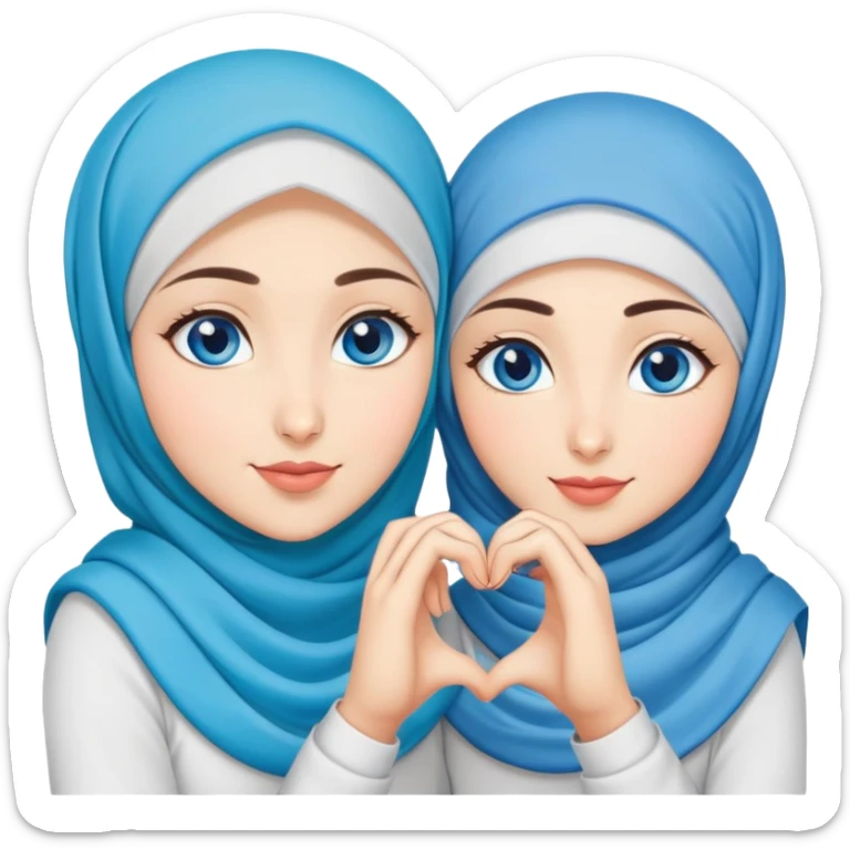 Turkish beautiful finish Konya two girls blue eyes with hijab and making love heart with hand gesture sticker