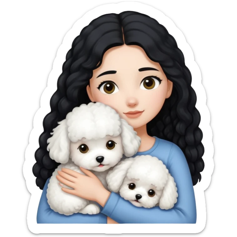 A girl with long straight black hair hugs a white curly-haired Bichon Frise puppy sticker