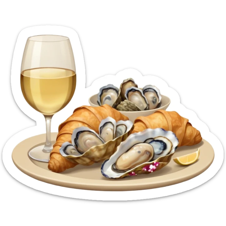 French cuisine humanless avatar in clean emoji-style illustration. Croissant, oysters and wine glass, soft beige tones, simple shapes, flat design, refined and cozy. sticker