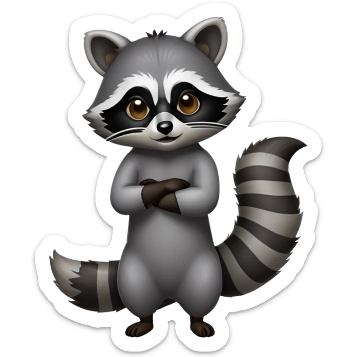 Cinematic-Raccoon-Realistic-Full-Body-Standing-Emoji – Tail flicking lazily, head tilted dramatically, thick grey fur with a signature black mask, sharp and alert ears, simplified yet realistic focused features, highly detailed, glowing with an almost sarcastic glow. sticker