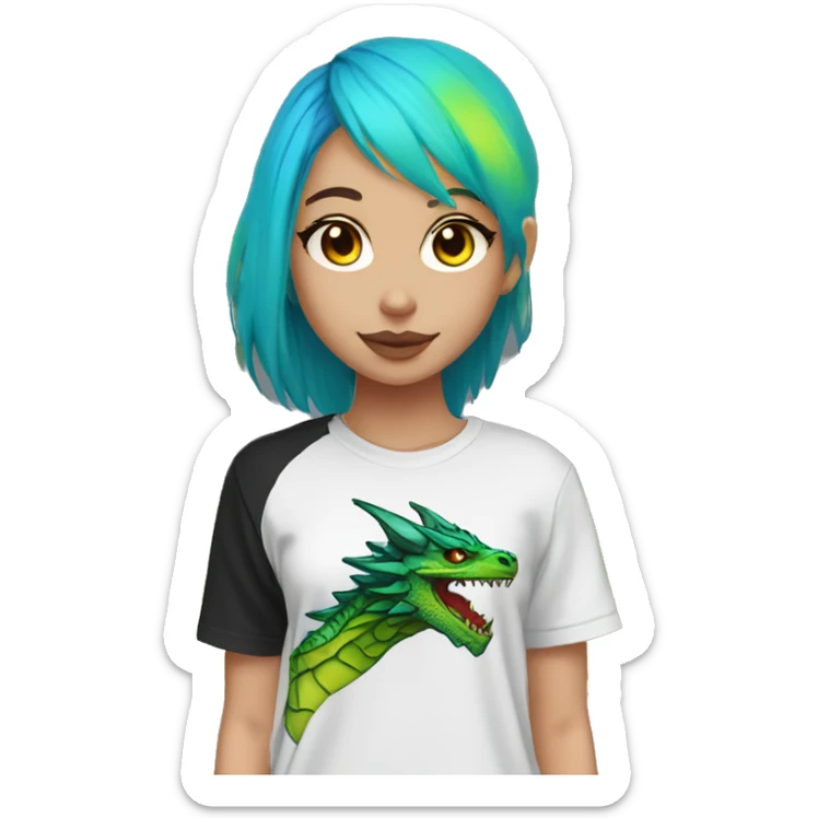 Lady with brunette and iridescent blue hair, gold, lime green dragon wings, black hoodie, bleach dyed, black and gold Nike t shirt, and bright red eyes sticker