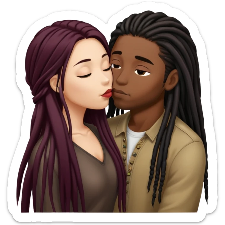 Dark Wine colored hair asian long hair, kissing young black guy with dreads sticker