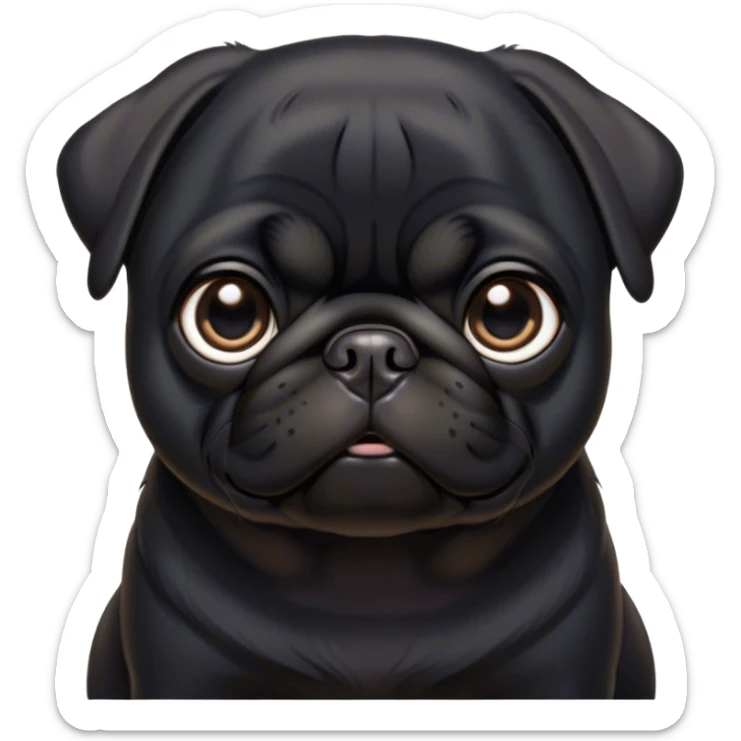Cinematic Noble Black Pug Portrait Emoji, Poised and regal, with a compact, sturdy build and a sleek, shiny pure black coat, deep-set soulful dark eyes, Simplified yet sharp and sophisticated features, highly detailed, glowing with a soft, dignified glow, high shine, intelligent and spirited, stylized with an air of confidence, focused and attentive, soft glowing outline, capturing the essence of a watchful and commanding companion, so majestic it feels as though it could prance out of the screen with effortless authority! sticker
