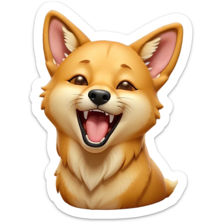 Cinematic Cute Yawning Dingo Portrait Emoji, Head tilted slightly with a dramatic, wide-open yawn, showcasing a soft, sandy fur with gently drooping ears and round amber eyes barely open in drowsy contentment, Simplified yet irresistibly adorable features, highly detailed, glowing with a soft, cozy glow, high shine, relaxed yet expressive, stylized with a touch of wild charm, bright and endearing, soft glowing outline, capturing the essence of a sleepy yet affectionate dingo, so drowsy it feels like it could stretch out of the screen and curl up for a nap! sticker