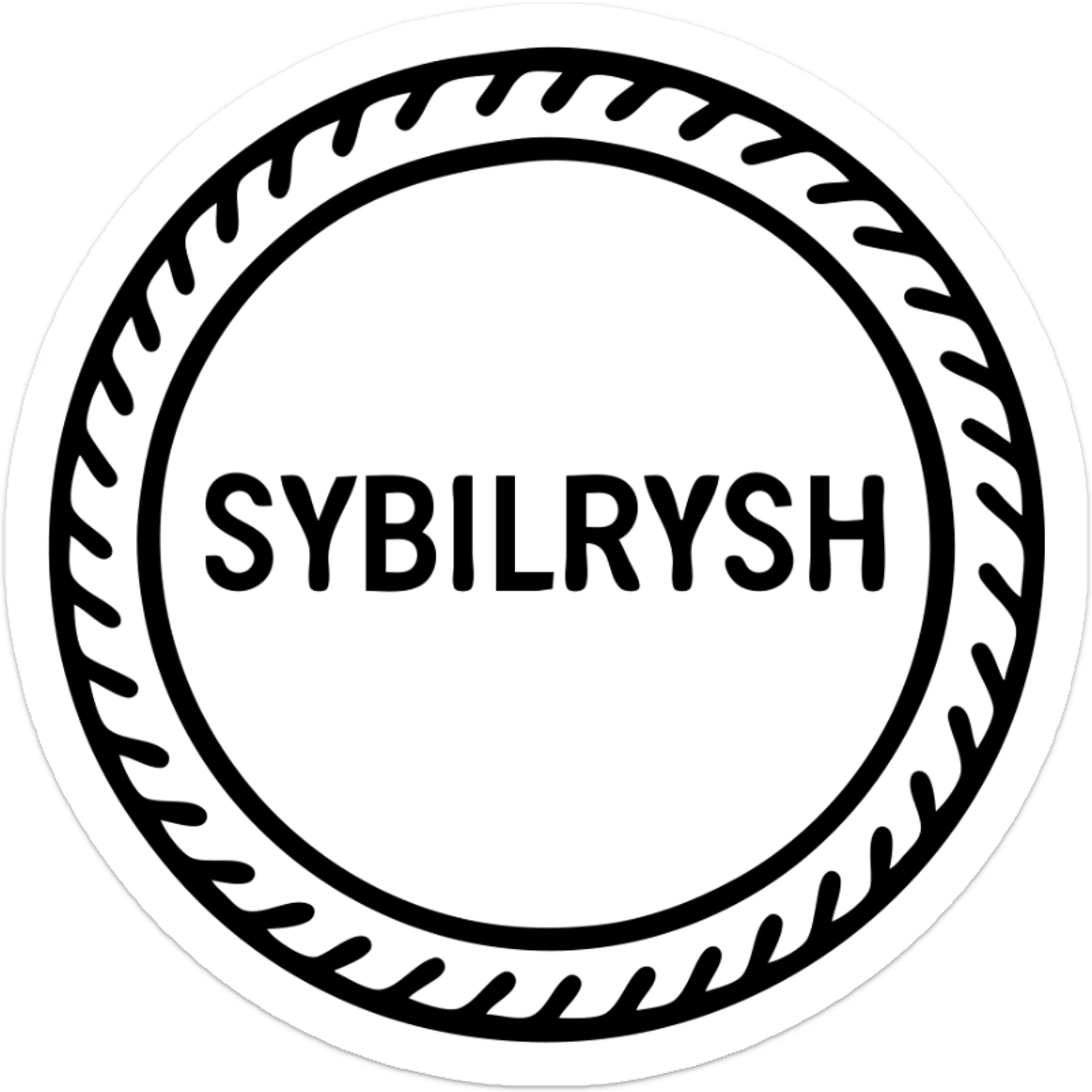 A gold textured coin with the text "SYBILRYSH" inscribed in the center. The coin has a circular rim with detailed gold grain texture and metallic appearance. sticker
