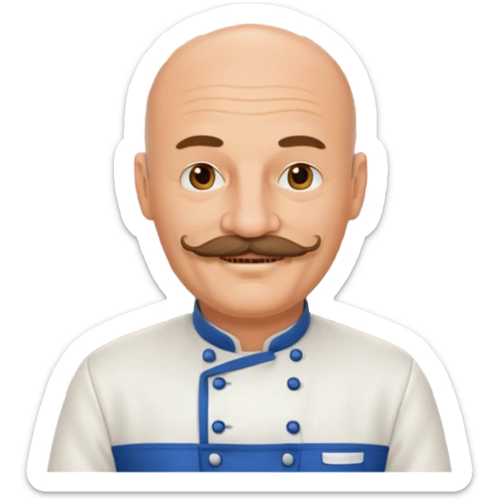 Est-ce que tu peux me faire un chef cuistot qui ressemble à Philippe Etchebest et qui est devant un restaurant? Est-ce que tu peux le faire souriant, avec une moustache de cuistot? 
 sticker