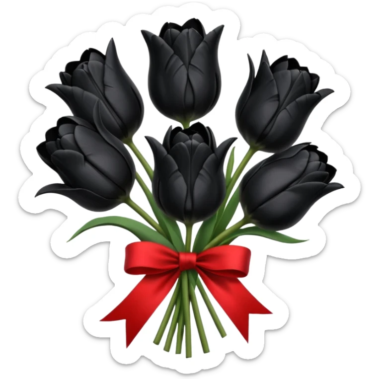 goth tulip bouquet, black tulips with silver accents, tied with a red ribbon sticker