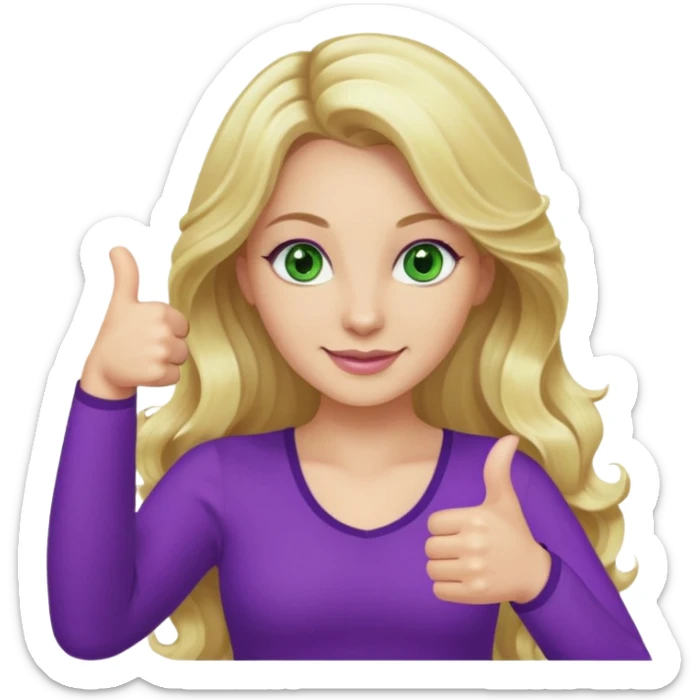 lady with long wavy blonde hair, purple top, green eyes, thumbs up sticker