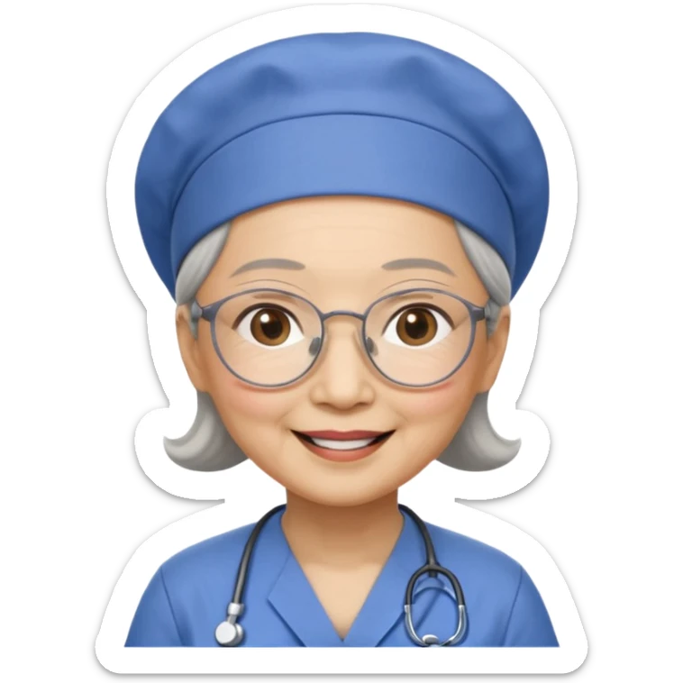 OLD ASIAN WOMAN WITH GLASSES, NURSE SCRUBS, CAP, HIDDEN HAIR sticker