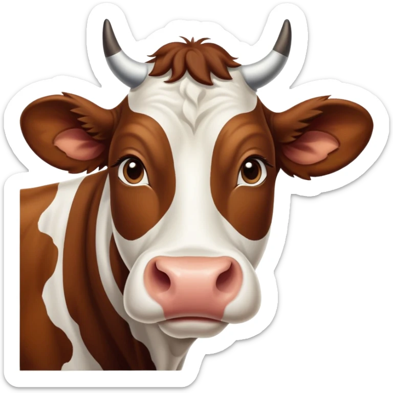 cinematic-noble-brown-and-white-cow-portrait-emoji,-poised-and-regal,-with-a-large,-sturdy-build-and-a-beautifully-patterned-hide-of-rich-brown-accented-by-crisp-white-patches,-deep-set-soulful-brown-eyes,-simplified-yet-sharp-and-sophisticated sticker