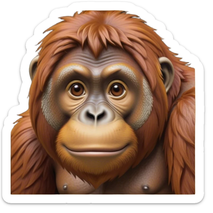 Cinematic Noble Orangutan Portrait Emoji, Poised and regal, with a robust, thoughtful build and deep, soulful eyes framed by rich, textured fur, Simplified yet sharp and sophisticated features, highly detailed, glowing with a soft, earthy glow, high shine, intelligent and contemplative, stylized with an air of ancient wisdom, focused and commanding, soft glowing outline, capturing the essence of a watchful and confident guardian that appears ready to step out of the screen with timeless authority! sticker