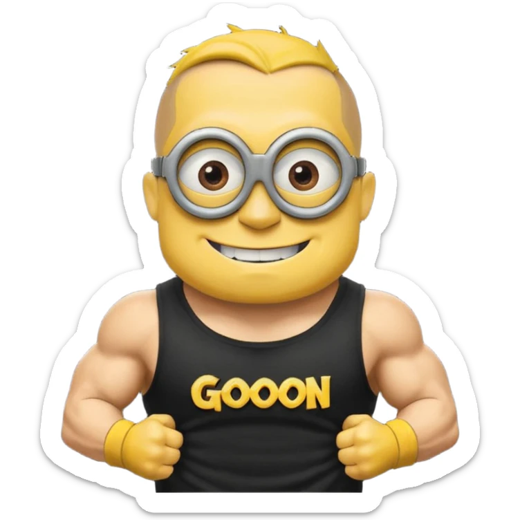 A buff minion wearing a black t shirt top with the words “never GOON” on the shirts chest area sticker