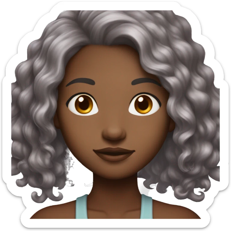 cocoa skin, curley reddish brown hair  with a streak of grey. its short. Her standing with grey light eyes sticker