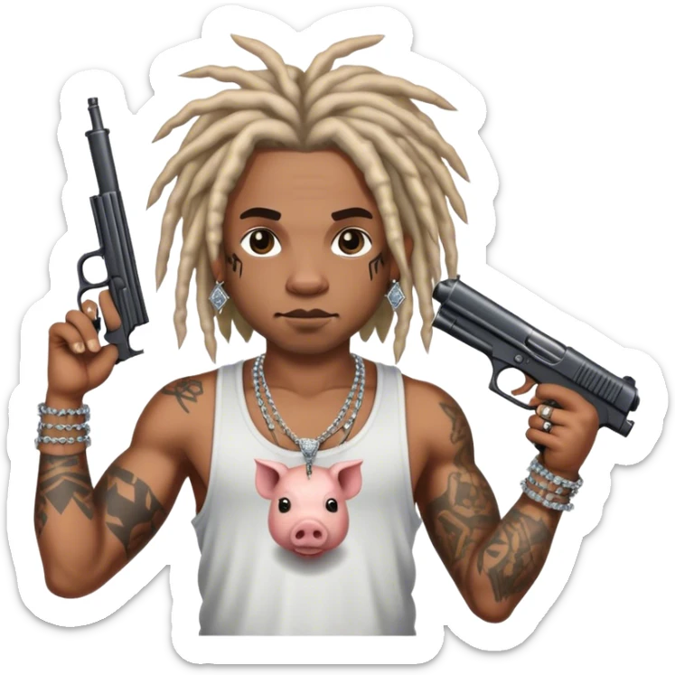 african-american race pig with dreads looking gangster with gun and tank top, with diamond blinging chain, with tattoos sticker