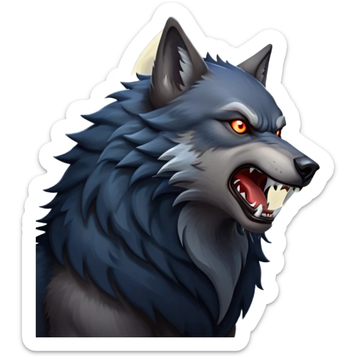 cinematic-noble-fierce-werewolf-howling-portrait-emoji, poised-and-imposing, with a fierce wolfish face tilted upwards in a haunting howl, glowing eyes full of primal ferocity, sharp, and a rugged snout, fur rippling in shades of midnight black and silver, muscles tensed as the powerful howl echoes beneath the moonlit sky; rendered with realism, capturing the raw, untamed power of the beast in its wild, primal state sticker