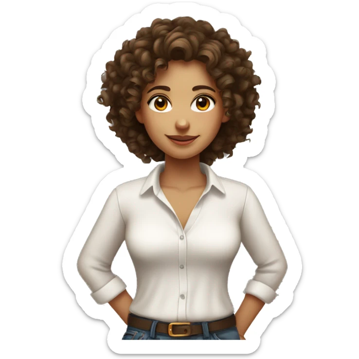 Curly haired tan girl brunette with brown eyes and a low cut white shirt sticker