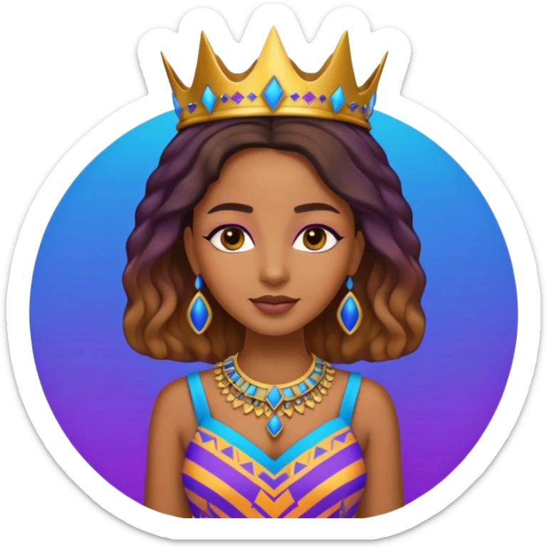 Create me an emoji of a beautiful Ethiopian Queen of Sheba wearing a neon purple and blue gradient African patterns. sticker