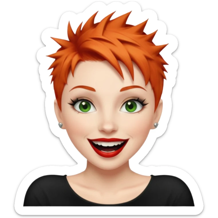 Short spikey Ginger hair, green eyes, black long eye lashes large red lips White woman laughing sticker