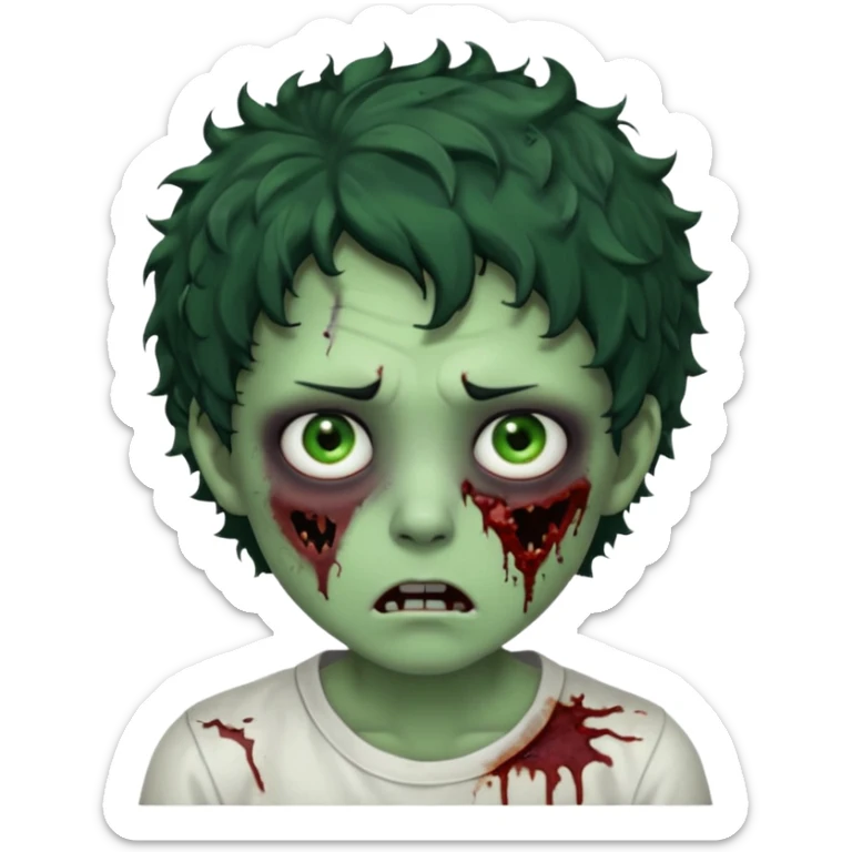 zombie character with green skin, messy short curly black hair, and no glasses. Give him large expressive eyes, a slightly frightened or eerie expression, subtle wounds, dark under-eye shadows, and a few cracks or dried blood marks on the face.  white shirt and no bleeding eyes **BLACK HAIR** sticker