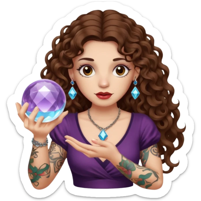 woman with long curly brown hair, brown eyes, white skin, tattoos, holding a crystal ball showing nonsense sticker