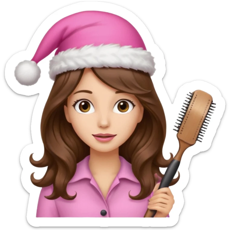 mujer peinandose en la peluqueria y con un gorro de navidad rosado, cabello largo café y ondulado sticker