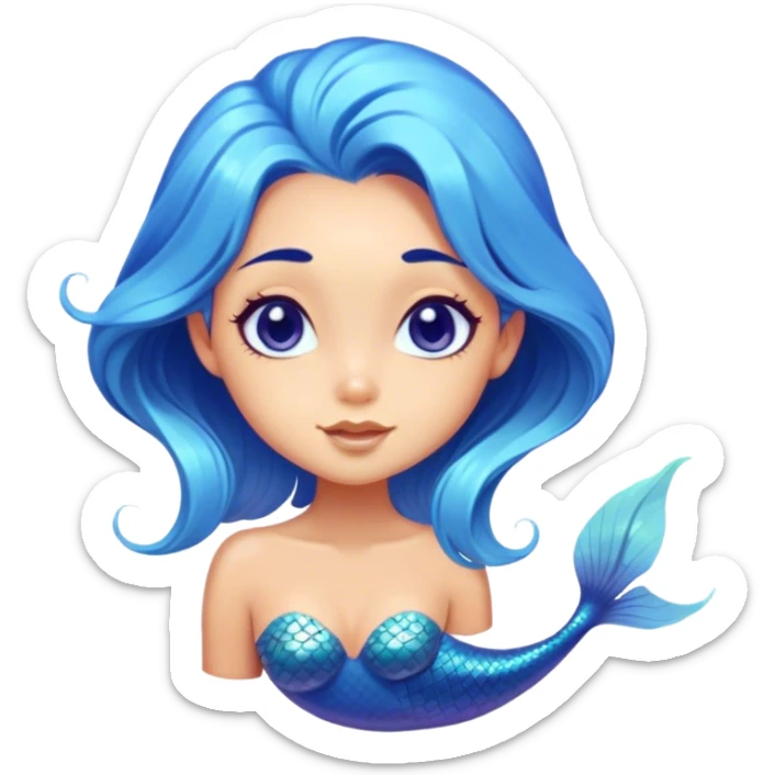 Cinematic Realistic Blue Hair Mermaid Portrait, head tilted playfully and inquisitively, showcasing a delicate, tropical form with finely detailed, flowing blue hair contrasting beautifully against her sun-kissed tanned skin. Her bright, curious eyes sparkle like sea gems under warm filtered light, rendered with lifelike clarity and soft underwater illumination—capturing the essence of a spirited mermaid poised to dance playfully amidst coral reefs. sticker