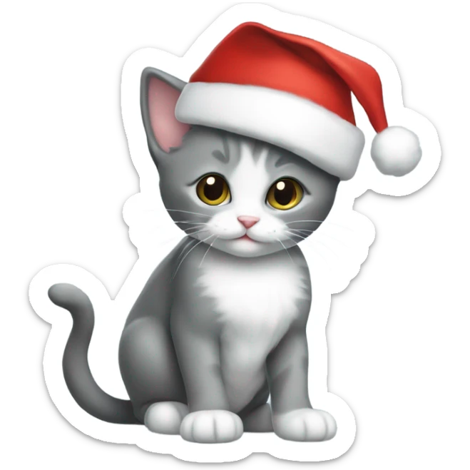 adorable grey tuxedo christmas kitten full body wearing santa hat sticker