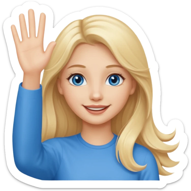 A beautiful blonde girl with long hair, blue eyes, neutral lips and a sweet smile  arm hello sticker