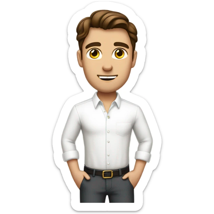 Handsome brown haired man in a white dress shirt tucked into pants with the sleeves rolled up sticker
