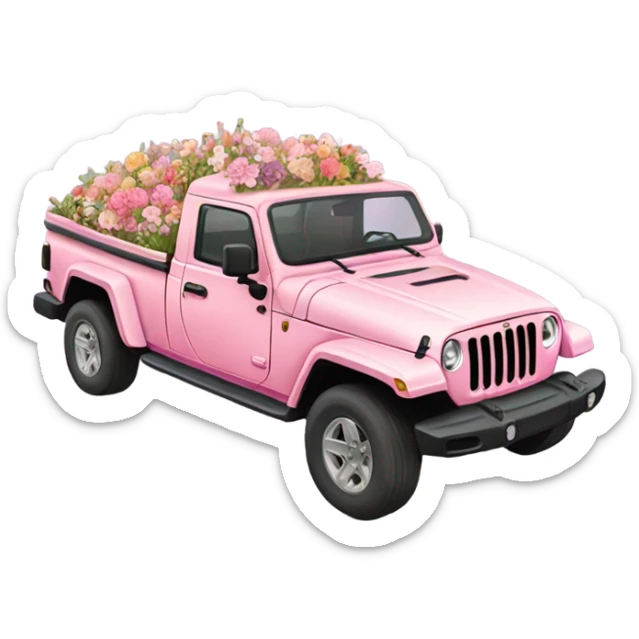 Realistic pink Jeep Gladiator with the truck bed full of pastel flowers. sticker