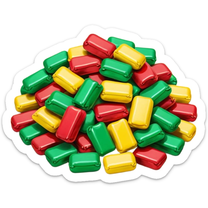 pile of colorful wrapped candies with twisted cellophane ends, shapes vary (round, oval, square), glossy surfaces, vibrant colors like red, yellow, and green, soft lighting, subtle shadows, emoji scale sticker