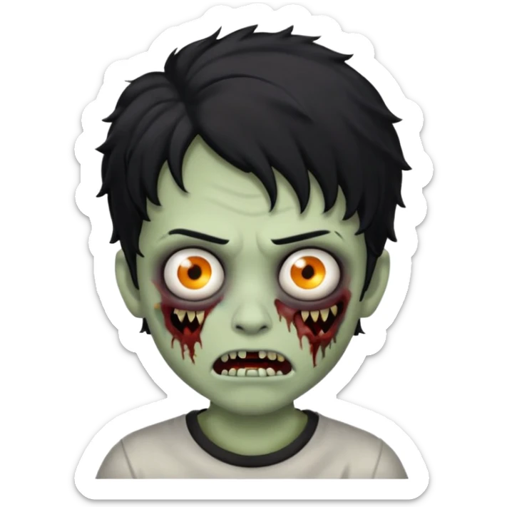 a boy with wavy hair, a zombie-shaped mouth piercing hum, and black hair sticker