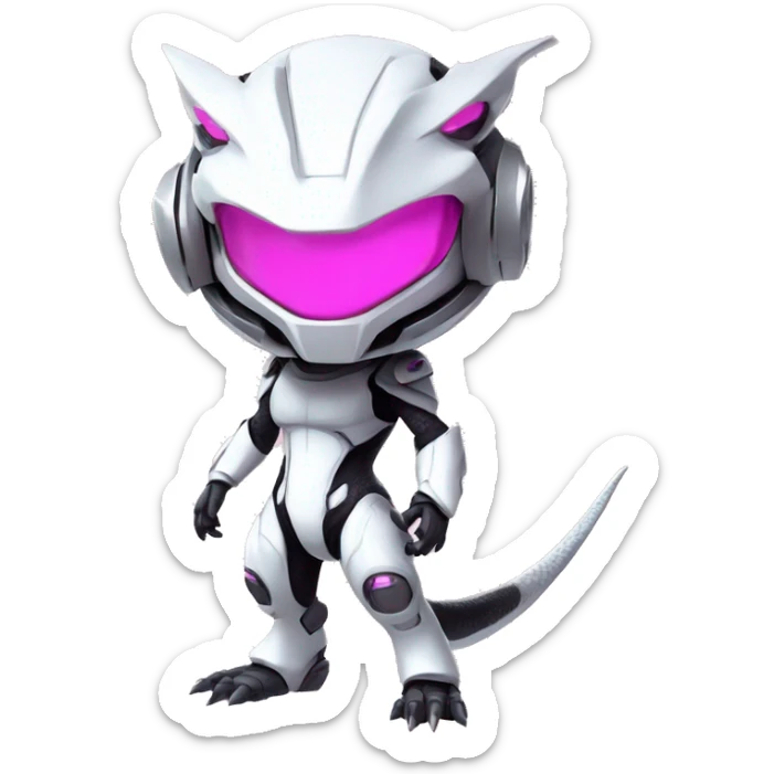 White, Chibi, White body, Anthro-Sona-Lizard-Alien-Salazzle-Mew-Fakémon, with pink eyes, with a futuristic visor-helmet, wearing a techwear-suit, Full Body sticker