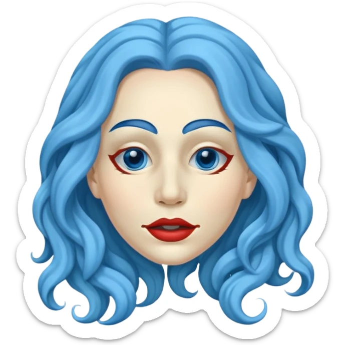 Life like mask of female with long wavy blue hair, empty eyes and mouth sticker