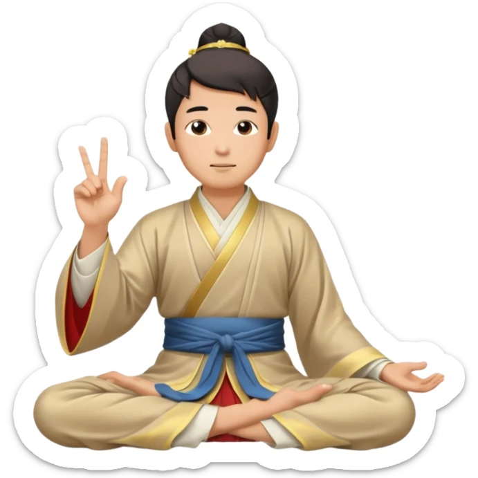 asian man in hanfu closing sitting in lotus pose, pointing one finger to sky as wisdom gesture sticker